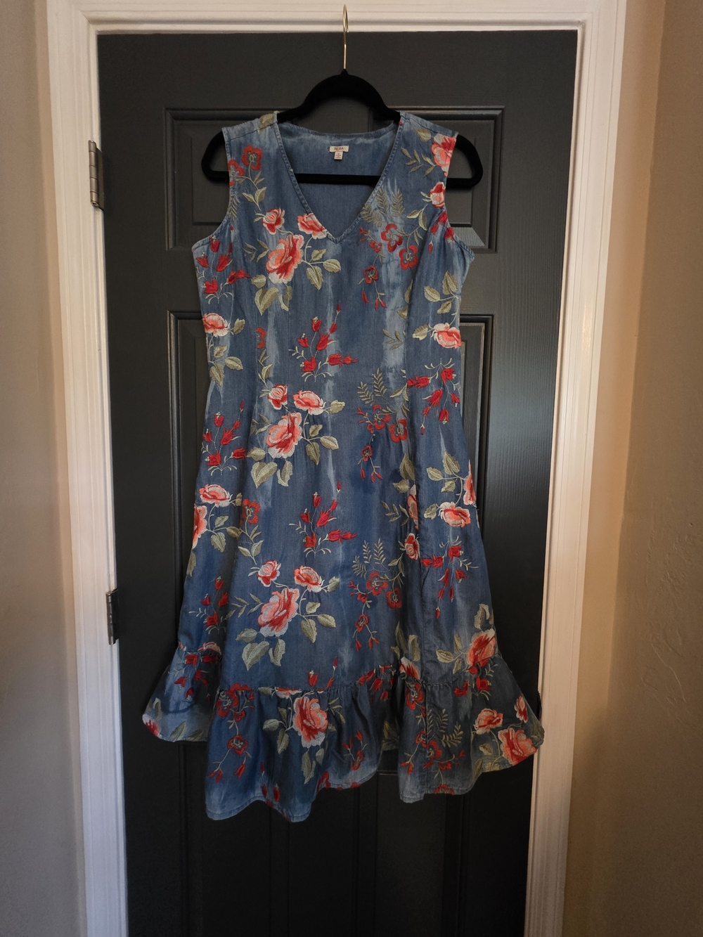 Reba Blue Floral Sleeveless V-Neck Dress with Ruffled Hem